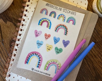 Watercolor Rainbow and Heart Stickers | Cute Rainbow Doodles Stickers | Painted Planner Stickers | Bullet Journal | Happy Planner Art