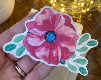 Large Die Cut Watercolor Flower Sticker | Transparent Sticker | Aesthetic Adulting Stickers  | Colorful Flower Sticker | Pink Poppy Sticker