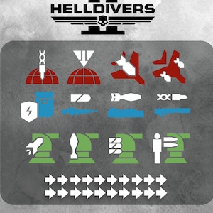 May include: A graphic with the title "Helldivers II" in black text with a skull and crossbones. The graphic includes a variety of red, white, blue, and green icons, including a globe, a plane, a rocket, a gun, and a shield. The graphic also includes a row of white arrows pointing to the right.