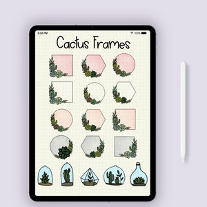 Puede incluir: Un dibujo digital de marcos de cactus sobre un fondo blanco. Los marcos son de varias formas, incluyendo círculos, cuadrados, hexágonos y óvalos. Los marcos están decorados con cactus y suculentas en verde, rosa y marrón.