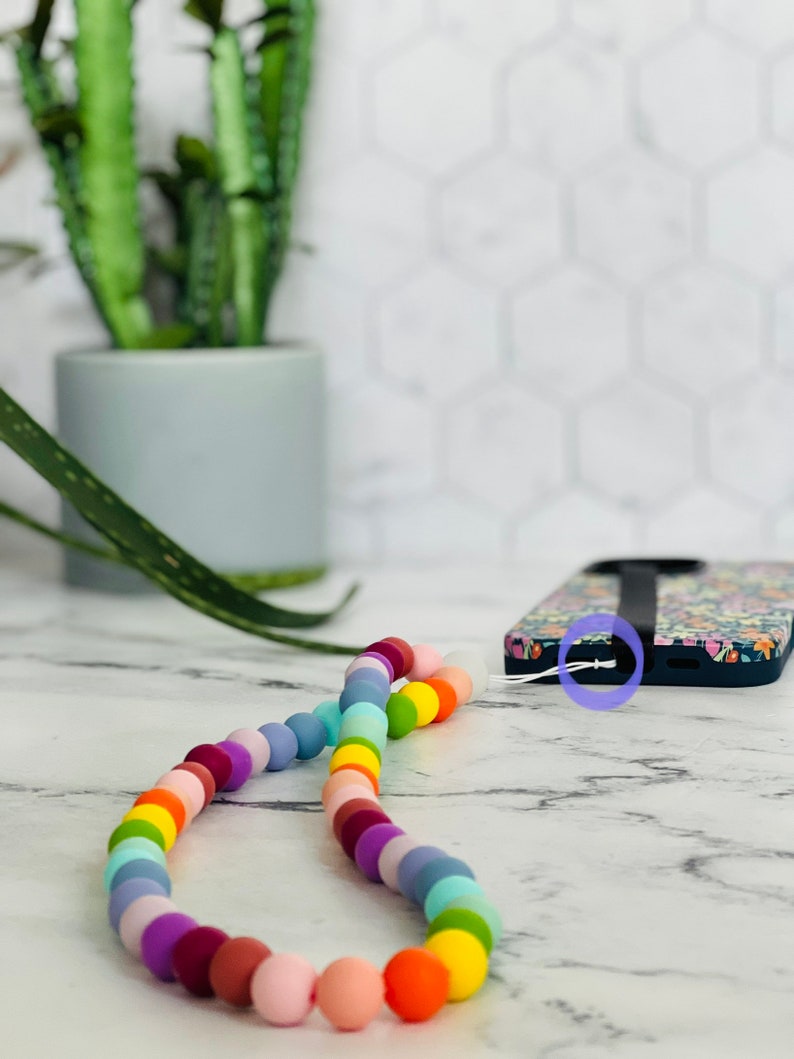 Rainbow Big Bead Phone Lanyard, Phone Wristlet, Large Beaded iPhone Bracelet, Stylish Unisex Phone Strap, PRIDE, iPhone 14, Android image 5