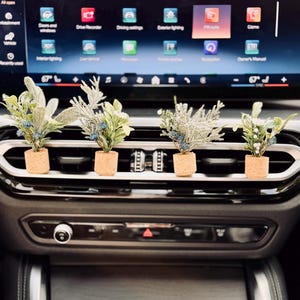 May include: Four small decorative air vent diffusers. Each diffuser features a small plant arrangement with green and blue accents, set in a cork pot. The diffusers are placed in the air vents of a car's dashboard.