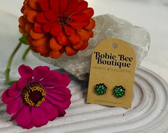 Tiny Wooden Succulent Stud Earrings, Small Hand Painted Wood Stud Earrings, Handmade Post Earrings, Plant Lover Earrings, Boho Gift for Her
