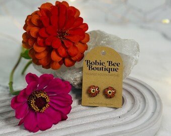 Tiny Wooden Flower Stud Earrings, Small Hand Painted Wood Stud Earrings, Handmade Post Earrings, Plant Lover Earrings, Boho Gift for Her