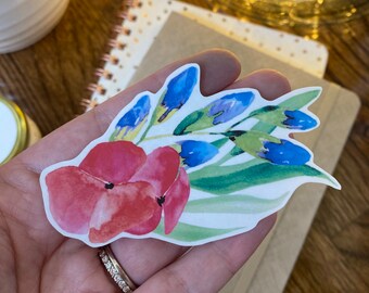 Grand sticker fleur aquarelle découpée | autocollant transparent | Stickers esthétiques pour adultes | autocollant fleur coloré | Sticker coquelicot rose