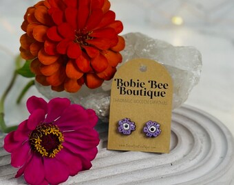 Tiny Wooden Flower Stud Earrings, Small Hand Painted Wood Stud Earrings, Handmade Post Earrings, Plant Lover Earrings, Boho Gift for Her
