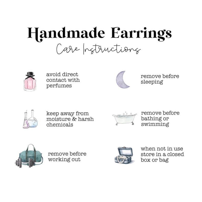 Op de afbeelding: Een ge&iuml;llustreerde gids voor de verzorging van handgemaakte oorbellen. De tekst luidt "Handmade Earrings Care Instructions". De gids bevat illustraties van een parfumfles, laboratoriumapparatuur, een maan, een badkuip, een sporttas en een sieradendoos.