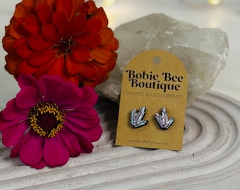 Tiny Wooden Crystal Stud Earrings, Small Hand Painted Wood Stud Earrings, Handmade Post Earrings, Crystal Lover Earrings, Boho Gift for Her