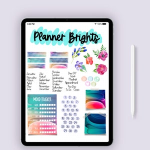 May include: A digital planner with a watercolor background and a mood tracker. The planner includes a calendar, a to-do list, and a section for tracking moods. The planner is designed to help users stay organized and motivated.