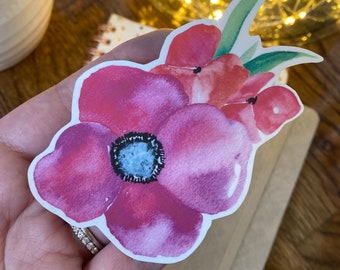 Large Die Cut Watercolor Flower Sticker | Transparent Sticker | Aesthetic Adulting Stickers  | Colorful Flower Sticker | Pink Poppy Sticker