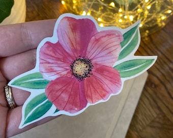 Grand sticker fleur aquarelle découpée | autocollant transparent | Stickers esthétiques pour adultes | autocollant fleur coloré | Sticker coquelicot rose