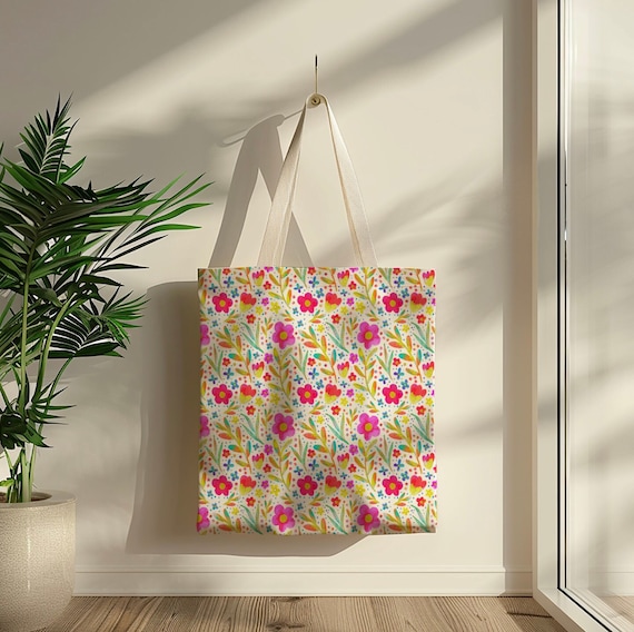 Hand Painted Watercolor Floral Print Canvas Tote Bag, Reusable Eco