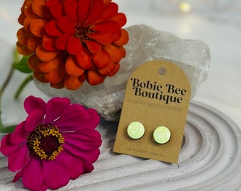 Tiny Wooden Yellow Dot Stud Earrings, Small Hand Painted Wood Stud Earrings, Handmade Post Earrings, Lady's Earrings, Boho Gift for Her