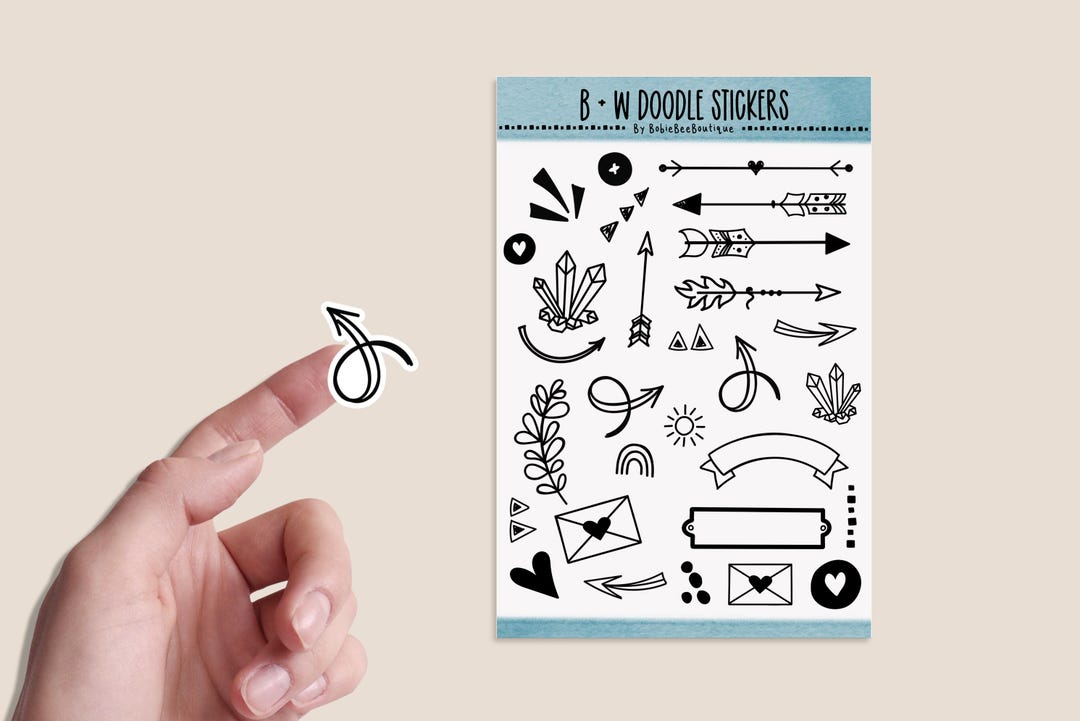 Black and White Doodle Sticker Sheet | Minimal Line Art Stickers ...