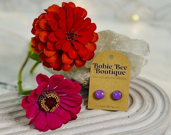 Tiny Wooden Purple Dot Stud Earrings, Small Hand Painted Wood Stud Earrings, Handmade Post Earrings, Lady's Earrings, Boho Gift for Her