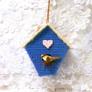 Vintage Plastic Canvas Birdhouse with Little Bird on Perch