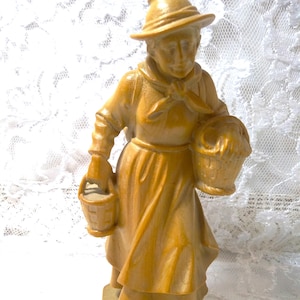 Hand Carved Wooden Figurine ~ Dobin ~ CH-3855 Brienz Switzerland ~ Woman Returning From Market ~ Vintage ~ 6.75&quot; tall