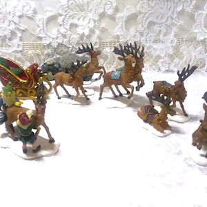 Vintage Kirkland Signature Christmas Village Figurines: Santa&#39;s Sleigh & Reindeer, 9-Piece Porcelain Set