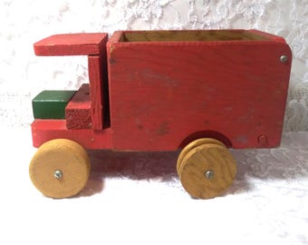 Handmade Vintage Wooden Truck-Primitive Folk Art ~ Moving Parts ~ Red Stain