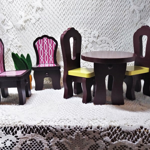 Large Scale Vintage KidKraft Doll Dining Room Lot ~ For Fashion Doll Play ~ Six Pieces ~ 4 Chairs 2 of Each Pattern, 1 Table, One Plant