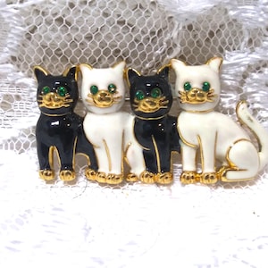 Vintage Enamel Cat Brooch: Green Rhinestone Eyes, Gold-Tone Trim