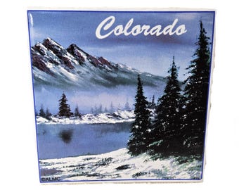 Colorado Souvenir Tile ~ ALMC ~ c1960/1970 ~ Mountain Scene ~ Sky Blues