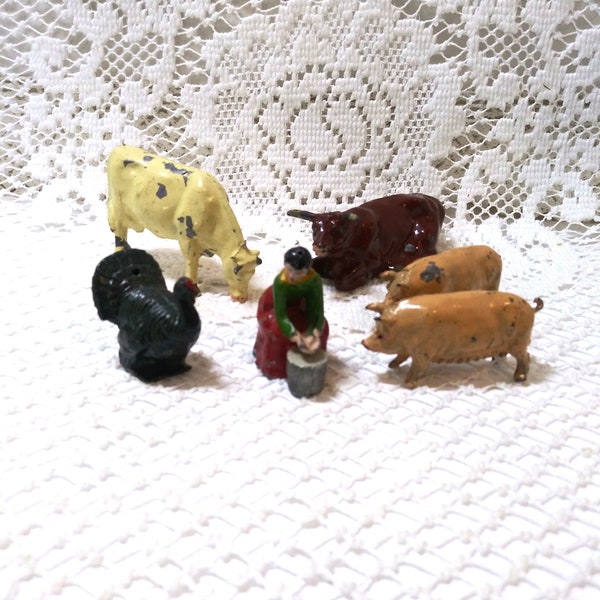 Vintage Miniature Farm Animals & Lady on Stool ~ Lead ~ Sold Priced Individually ~ White Cow, Brown Cow, Pink Pigs, Turkey, Farmer's Wife