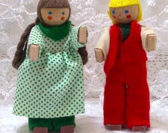 Vintage Peg Dolls: Boy and Girl, Hand-Painted Wooden Toys
