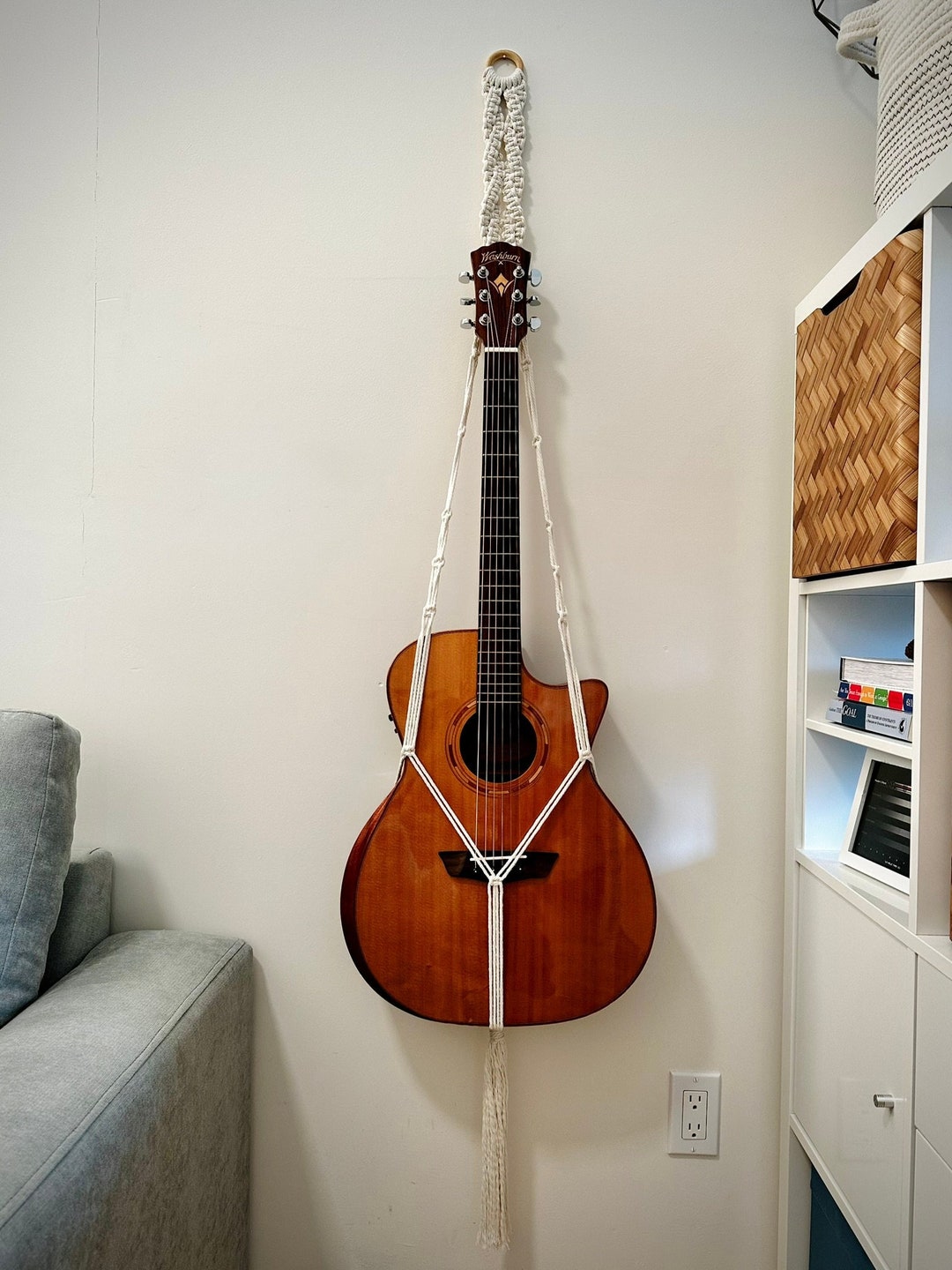 White Macrame Guitar Wall Hanger - Cotton Ukulele Holder With Wood Head For Wall Decor