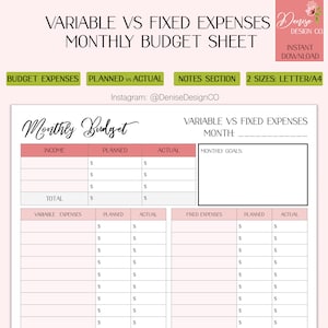 Puede incluir: Una hoja de presupuesto imprimible rosa y blanca con el título "Monthly Budget" y el texto "Variable vs Fixed Expenses" en negro. La hoja incluye secciones para ingresos, gastos planificados, gastos reales y objetivos mensuales.