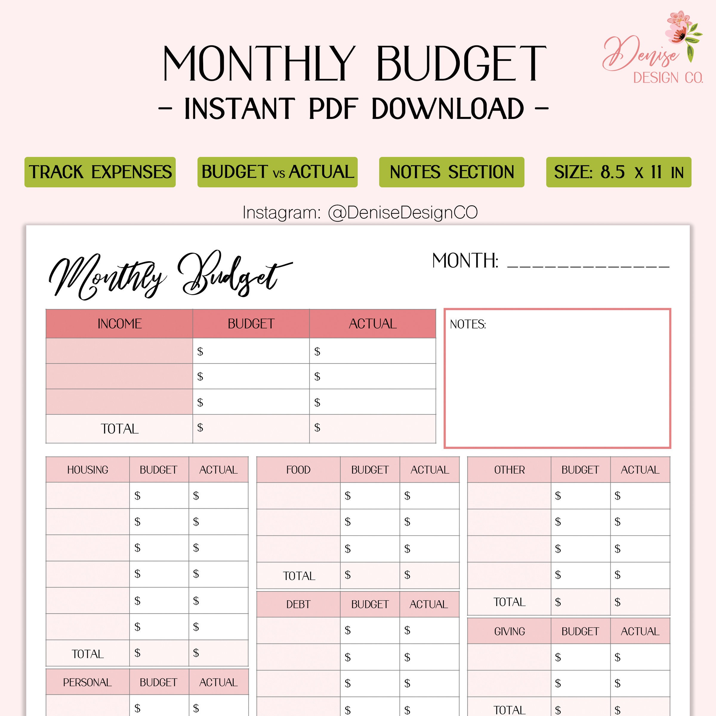 Your All-in-one Printable Monthly Budget Sheet: Income, Budgeted