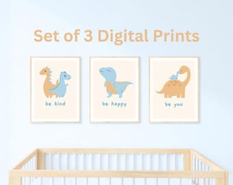 Set of 3 Cute Dinosaur Digital Prints for Boy's Nursery