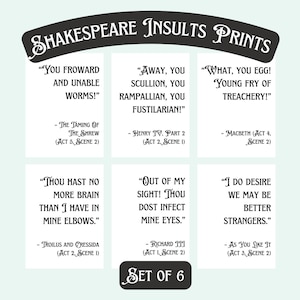 Impresiones digitales en blanco y negro de insultos de Shakespeare, juego de 6