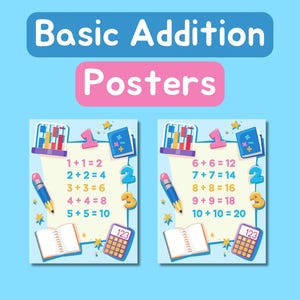 May include: Two blue and white posters with basic addition problems for children. The posters feature a calculator, a pencil, a notebook, and a colourful abacus. The first poster shows the sums of 1+1, 2+2, 3+3, 4+4, and 5+5. The second poster shows the sums of 6+6, 7+7, 8+8, 9+9, and 10+10.