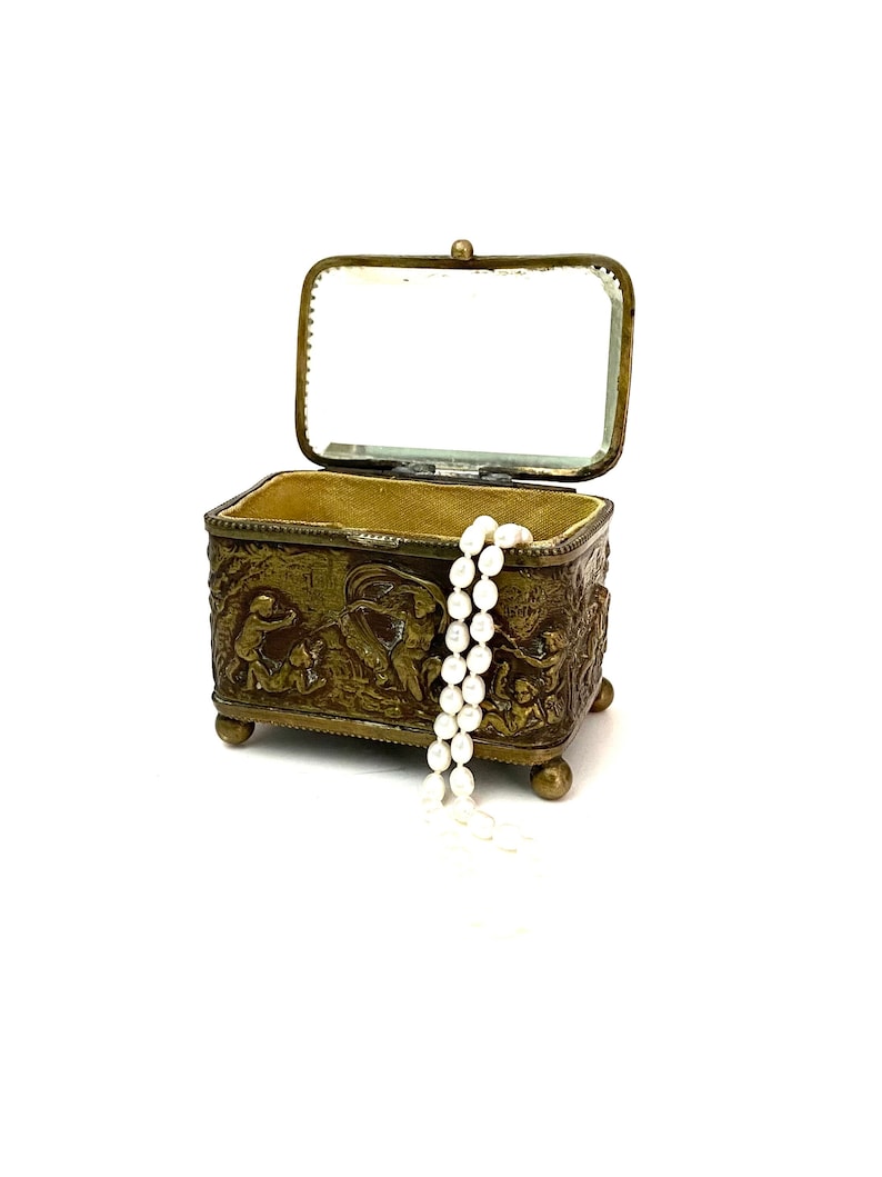 Antique Beveled Glass Jewelry Casket in Brass With High Relief Etsy