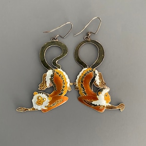 Vintage Sterling Enamel Large Monkey Earrings 1970&#39;s