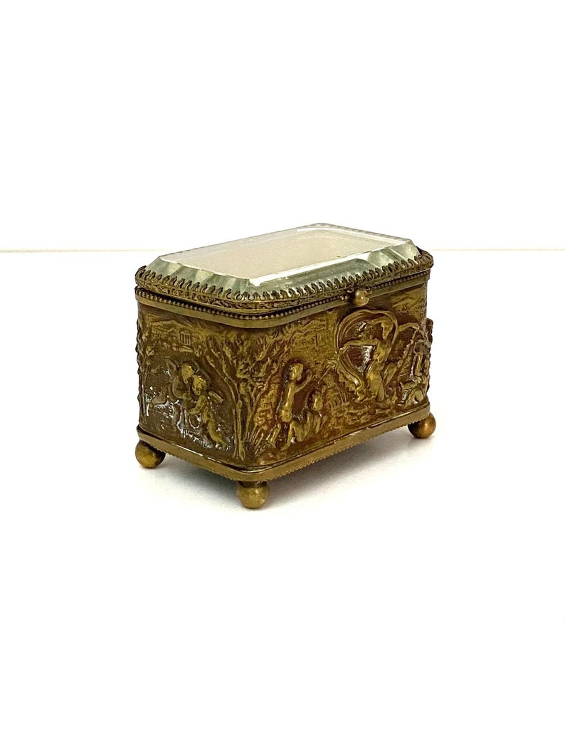 Antique Beveled Glass Jewelry Casket in Brass With High Relief Etsy