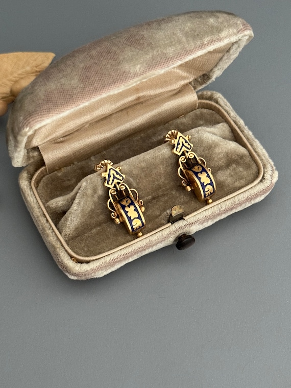 Victorian Gold Enamel Door Knocker Earrings 14K