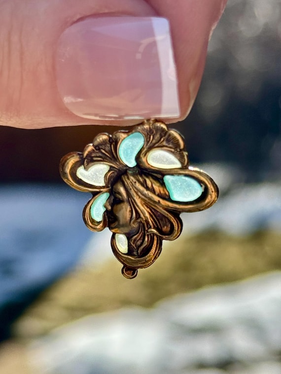 Art Nouveau Plique a Jour Enamel 14K Gold Female Pendant