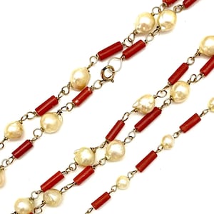 Antique Coral and Baroque Pearl Necklace and Bracelet Set on Rosary Style Chain