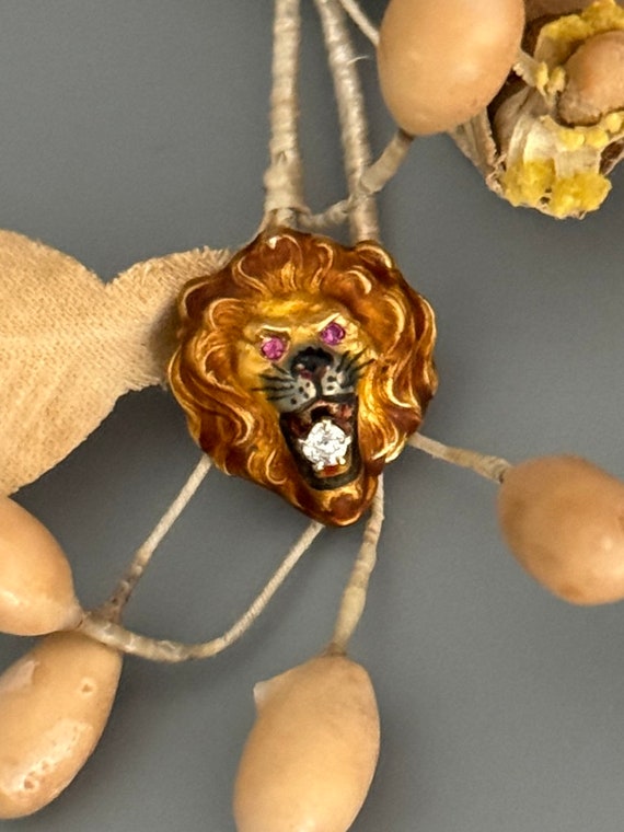Victorian 14k Gold Enamel Gemstone Lion Pendant