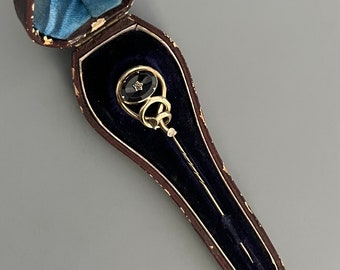 Victorian Gold Garnet Diamond Stick Pin Boxed