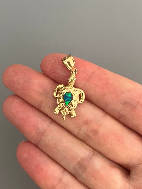 14k Gold Opal Inlay Turtle Pendant - image 5