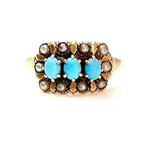 Victorian 10k Rose Gold Turquoise and Seed Pearl Marquee Ring Size 5.5US