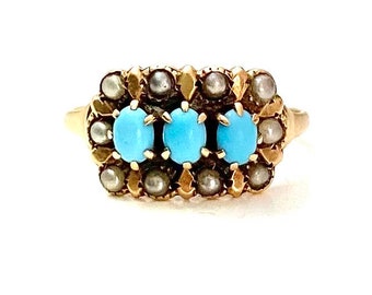 Victorian 10k Rose Gold Turquoise and Seed Pearl Marquee Ring Size 5.5US