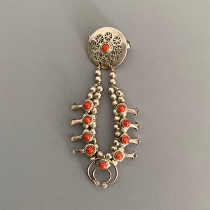 Vintage Silver Coral Squash Blossom Pin Brooch