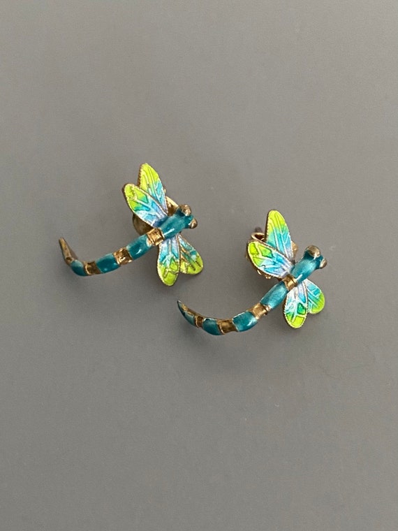 Vintage Sterling Enamel Dragonfly Earrings - image 2