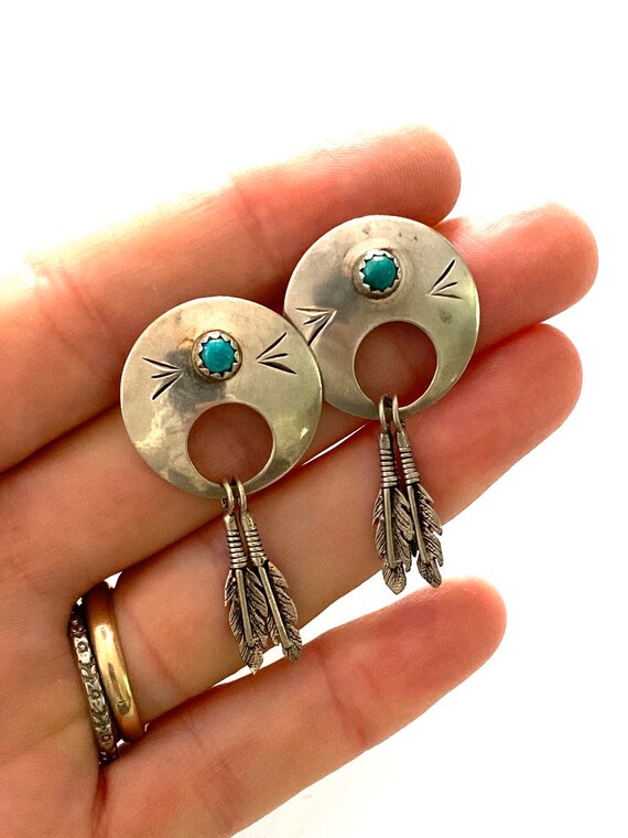 Turquoise Silver Post Feather Earrings - image 4