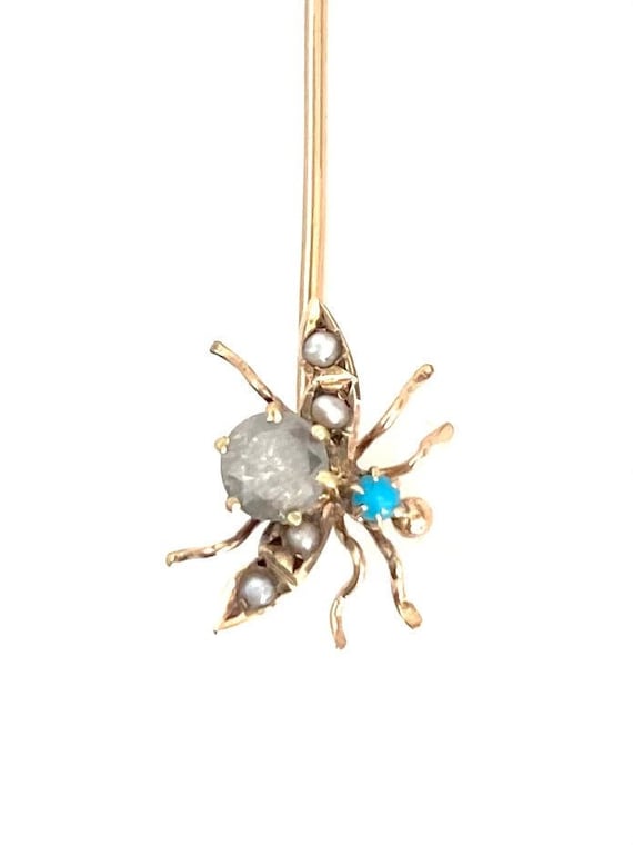 Antique Diamond Fly Stickpin 10k Gold with Turquoi