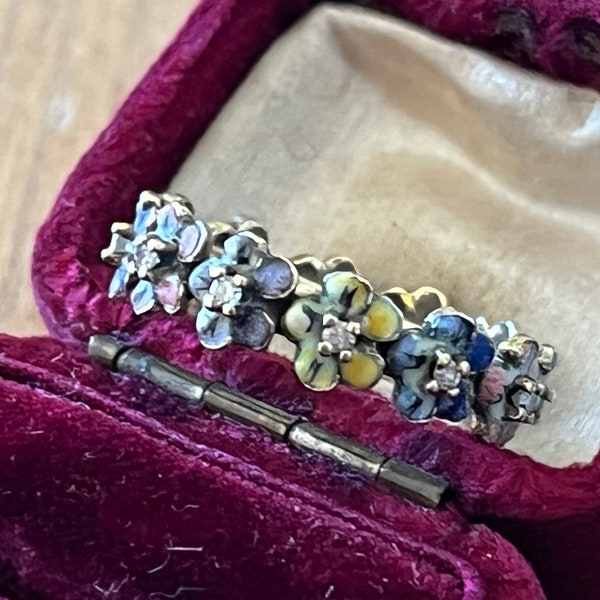 Antieke Viooltje Eternity Ring Emaille met Diamanten 14K